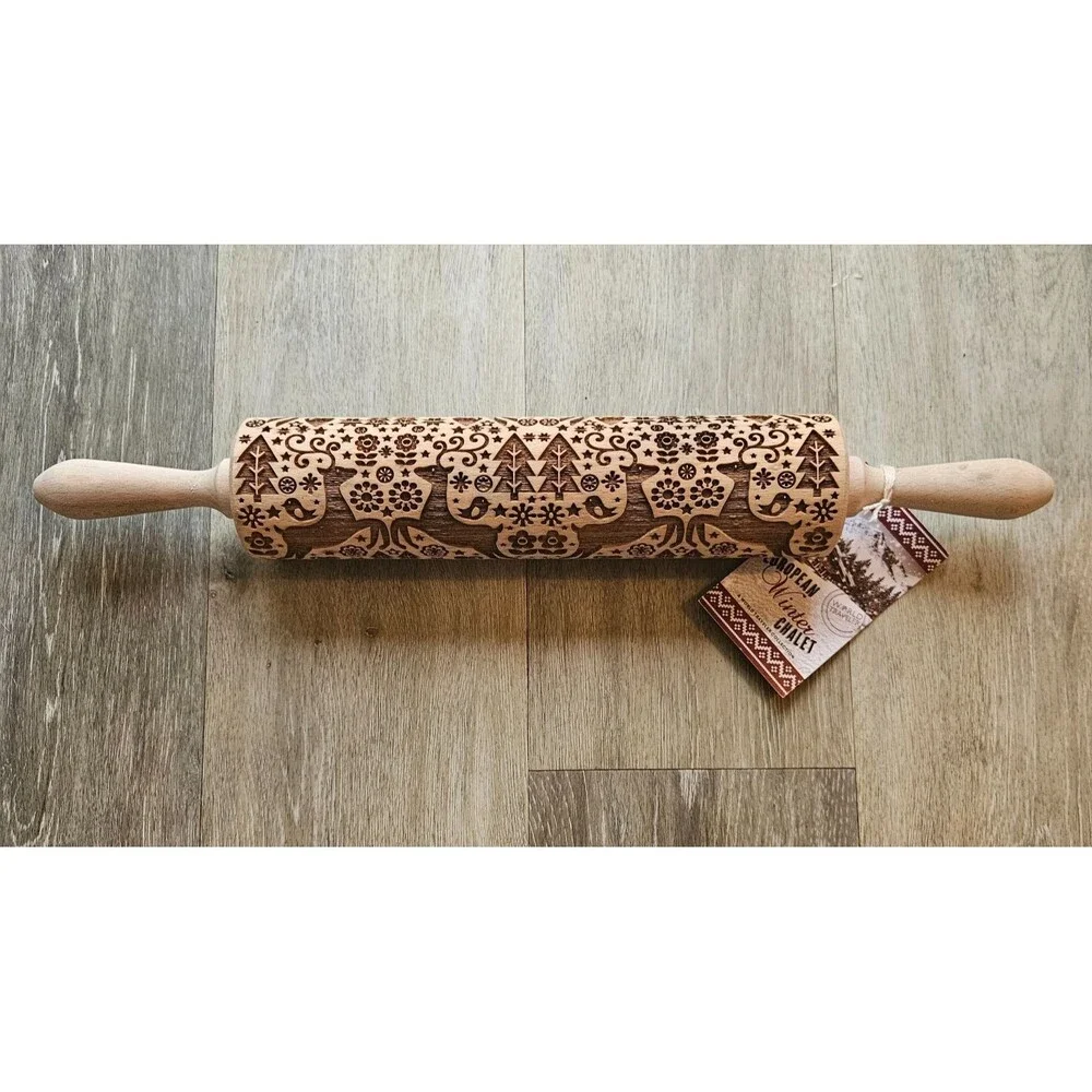 Poland Embossing Rolling Pin European Winter Chalet Deer Folk Art NIB